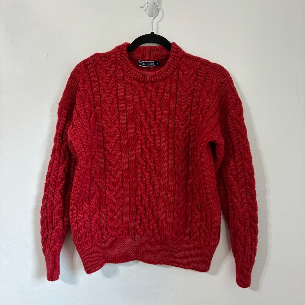 Woolovers‎ Women’s Large Wool Red Chunky Aran Cable Knit Fisherman Sweater Cabin